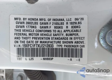 2020 Honda Civic Ex-L z USA, uszkodzony, nr VIN 19XFC1F7XLE212833